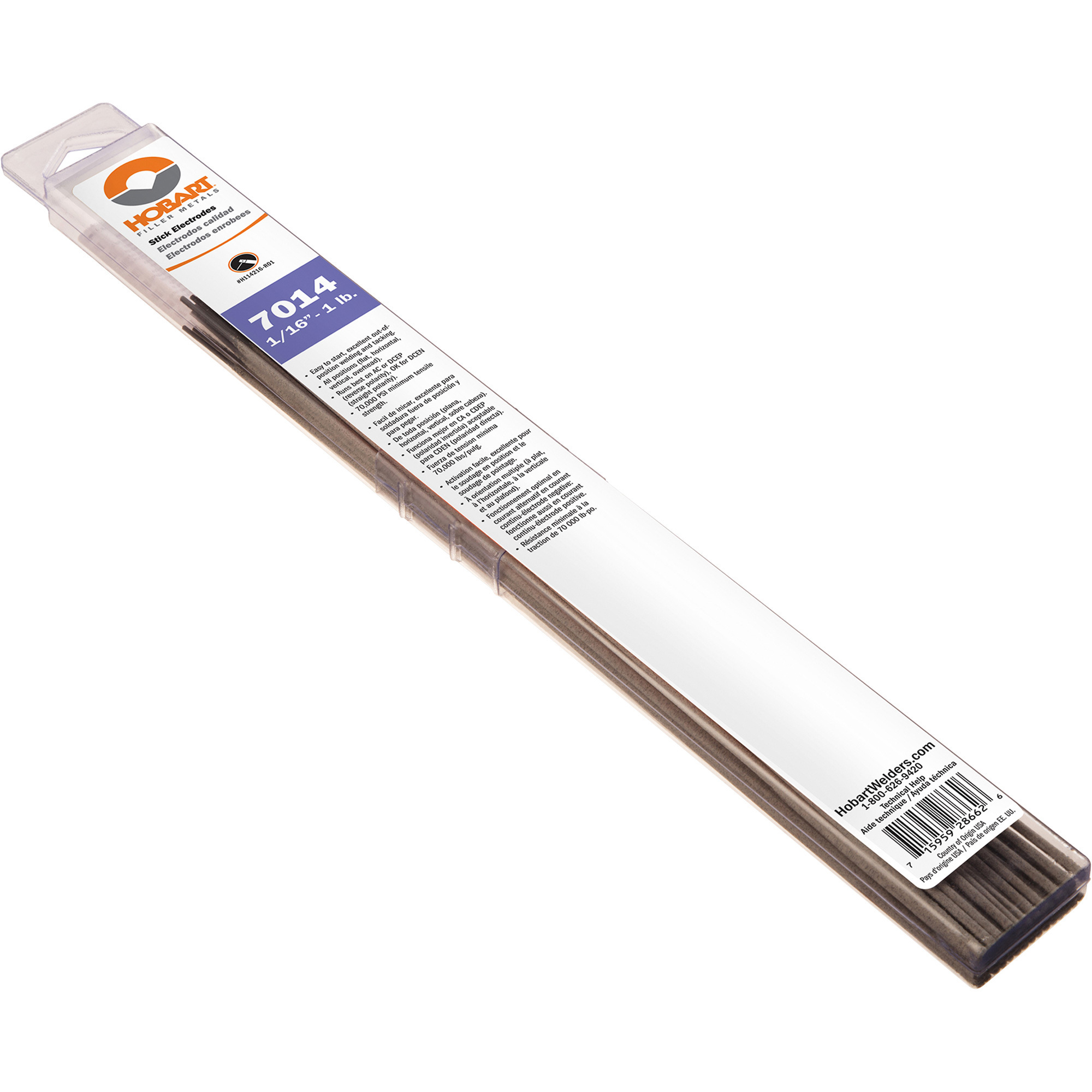 Hobart Filler Metals Stick Welding Electrodes, 7014, 1/16in. Dia. x 14in.L, 1-Lb. Pkg., Model# H114216-R01